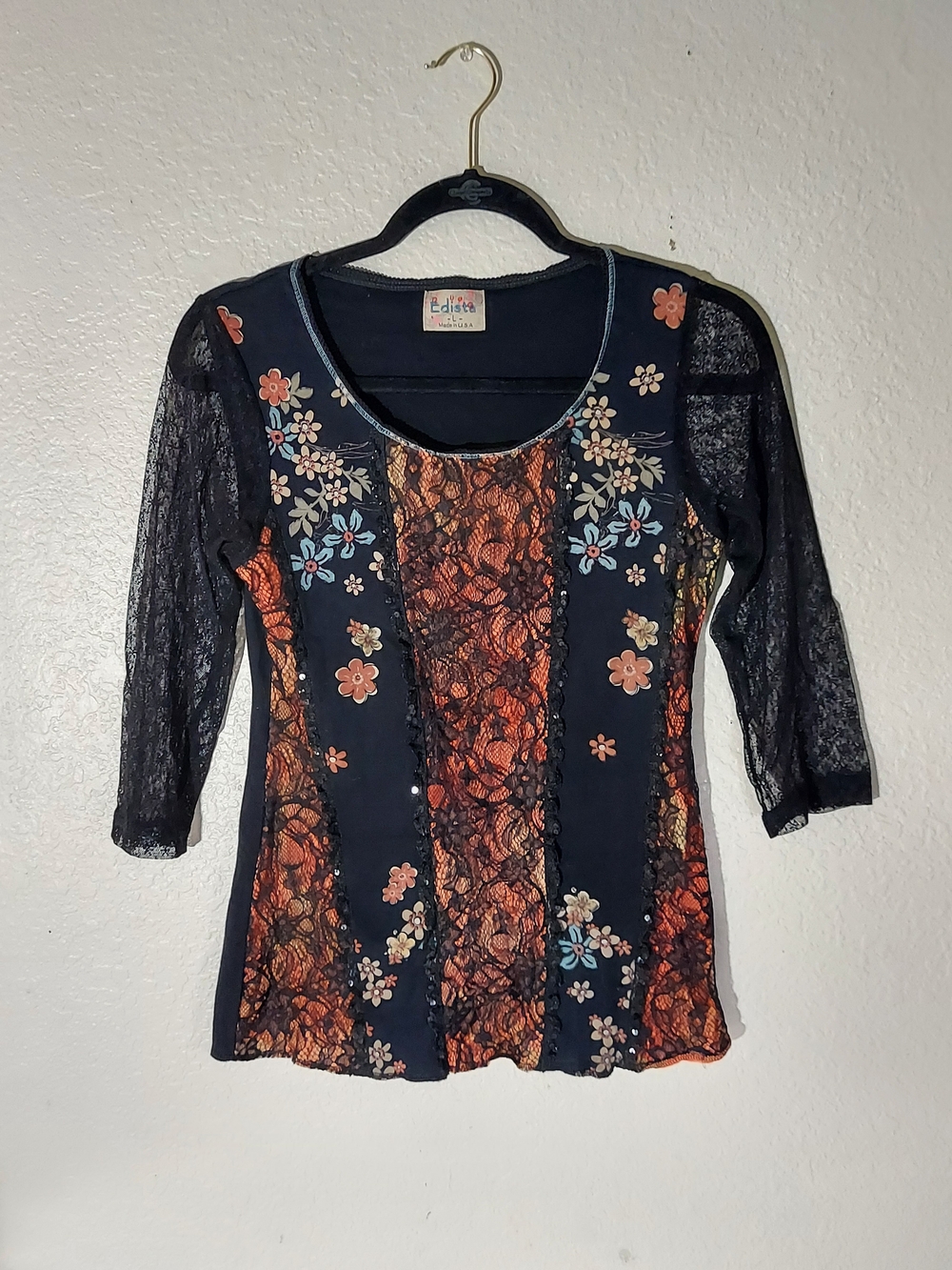 Edista Vtg Black/Orange Y2K Floral Sheer Lace Sleeve Romantic Goth Top WM Size L
